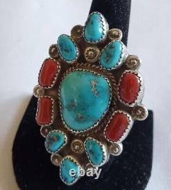 Striking Large Vintage Hand Made Sterling Silver & Turquoise & Coral Ring