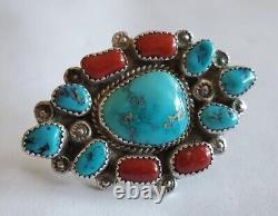 Striking Large Vintage Hand Made Sterling Silver & Turquoise & Coral Ring