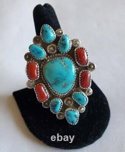 Striking Large Vintage Hand Made Sterling Silver & Turquoise & Coral Ring