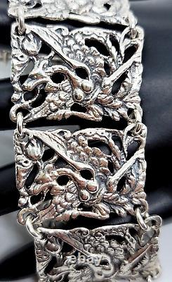 Stunning Mid Century Hand Made Sterling Silver Dragon Panel Bracelet 7 1/2