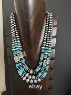 Stunning! Sterling silver turquoise multistrand necklace 24 inch