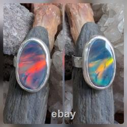 Stunning Synthetic Aurora Opal Artisan Made Sterling Silver Ring Sz6.25. A3g