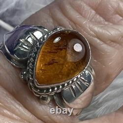 TEARDROP Sterling Silver VINTAGE STUDIO MADE AMBER 7/16 BAND RING size 6
