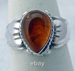 TEARDROP Sterling Silver VINTAGE STUDIO MADE AMBER 7/16 BAND RING size 6