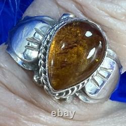 TEARDROP Sterling Silver VINTAGE STUDIO MADE AMBER 7/16 BAND RING size 6