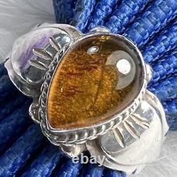 TEARDROP Sterling Silver VINTAGE STUDIO MADE AMBER 7/16 BAND RING size 6