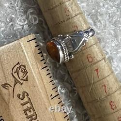 TEARDROP Sterling Silver VINTAGE STUDIO MADE AMBER 7/16 BAND RING size 6