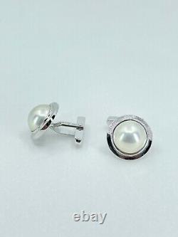 Tasaki Designer Sterling Silver Made Pearl Modern Cufflinks Vintage Box