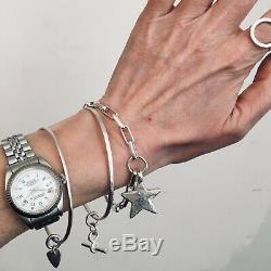 UK STERLING SOLID SILVER HEAVY 4mm LINK CHAIN dangle STAR BRACELET HAND MADE