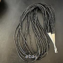 USA Black Onyx Sterling Silver 10S Stabilized Heishi Tubes 24 Necklace 16067