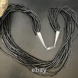 USA Black Onyx Sterling Silver 10S Stabilized Heishi Tubes 24 Necklace 16067