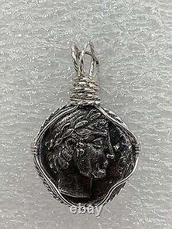 USA MADE Sterling Silver. 925 Wire Wrapped Roman Coin 1 x 1 3/4 Pendant