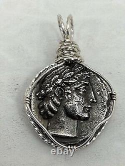 USA MADE Sterling Silver. 925 Wire Wrapped Roman Coin 1 x 1 3/4 Pendant