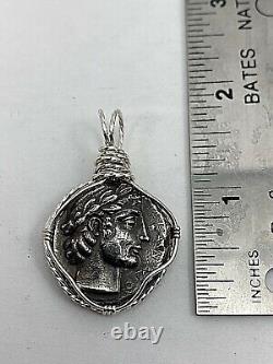 USA MADE Sterling Silver. 925 Wire Wrapped Roman Coin 1 x 1 3/4 Pendant