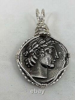 USA MADE Sterling Silver. 925 Wire Wrapped Roman Coin 1 x 1 3/4 Pendant