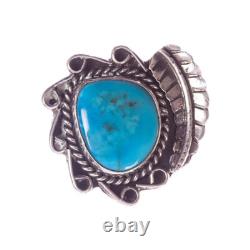 Unsigned Hand Made Sterling Silver Tribal Turquoise Ring with Leaf Design
