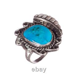 Unsigned Hand Made Sterling Silver Tribal Turquoise Ring with Leaf Design