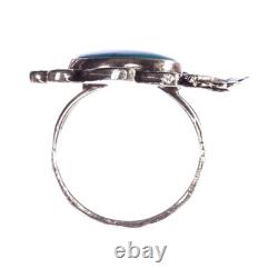 Unsigned Hand Made Sterling Silver Tribal Turquoise Ring with Leaf Design