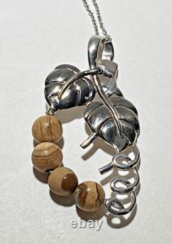 Unusual Artist Made Sterling Silver Jasper Beads Grape Vine Pendant Necklace 18