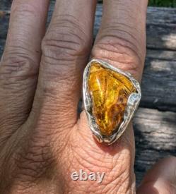 Unusual Natural Baltic Amber Artisan Hand Made Sterling Silver Ring Sz8. A7b