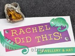 Unusual Natural Baltic Amber Artisan Hand Made Sterling Silver Ring Sz8. A7b