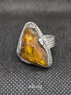 Unusual Natural Baltic Amber Artisan Hand Made Sterling Silver Ring Sz8. A7b