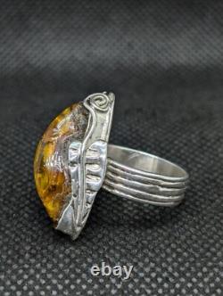Unusual Natural Baltic Amber Artisan Hand Made Sterling Silver Ring Sz8. A7b