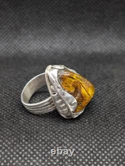 Unusual Natural Baltic Amber Artisan Hand Made Sterling Silver Ring Sz8. A7b