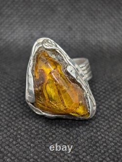 Unusual Natural Baltic Amber Artisan Hand Made Sterling Silver Ring Sz8. A7b
