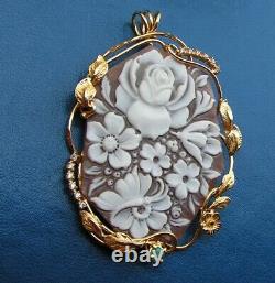 VINTAGE Silver Gold CAMEO SHELL CORNELIAN WELL CARVED Flowers MADE IN ITALY
