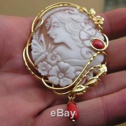 VINTAGE Silver Gold CAMEO SHELL SARDONYX BROOCH WELL CARVED MADE IN ITALY CORAL