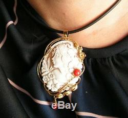 VINTAGE Silver Gold CAMEO SHELL SARDONYX BROOCH WELL CARVED MADE IN ITALY CORAL