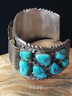 VINTAGE Turquoise Watch Cuff Bracelet -Navajo Made Sterling Silver 103 grams