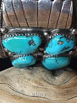 VINTAGE Turquoise Watch Cuff Bracelet -Navajo Made Sterling Silver 103 grams