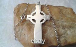 VINTAGE UK-MADE LARGE MASSIVE STERLING SILVER CELTIC CROSS with STERLING CHAIN