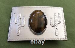 VTG Hand Made Sterling Silver Southwestern Cactus Tiger Eye Agate Belt Buckle