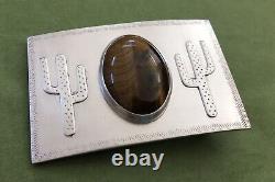 VTG Hand Made Sterling Silver Southwestern Cactus Tiger Eye Agate Belt Buckle