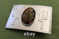 VTG Hand Made Sterling Silver Southwestern Cactus Tiger Eye Agate Belt Buckle