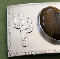 VTG Hand Made Sterling Silver Southwestern Cactus Tiger Eye Agate Belt Buckle