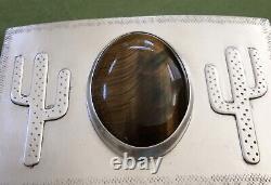 VTG Hand Made Sterling Silver Southwestern Cactus Tiger Eye Agate Belt Buckle