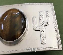 VTG Hand Made Sterling Silver Southwestern Cactus Tiger Eye Agate Belt Buckle