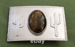 VTG Hand Made Sterling Silver Southwestern Cactus Tiger Eye Agate Belt Buckle