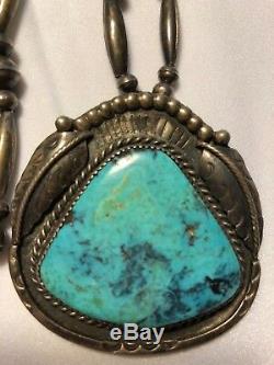 VTG mid century Hand made Sterling Silver Bench Beads Turquoise Pendant Necklace