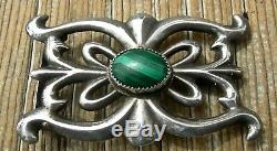 Vin NAVAJO MADE SAND CAST STERLING SILVER & GREEN MALACHITE BELT BUCKLE, NICE