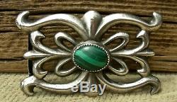 Vin NAVAJO MADE SAND CAST STERLING SILVER & GREEN MALACHITE BELT BUCKLE, NICE