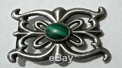 Vin NAVAJO MADE SAND CAST STERLING SILVER & GREEN MALACHITE BELT BUCKLE, NICE