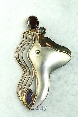 Vintage 1990's Hand Made Sterling Silver 24k Gold Amethyst Garnet Pin Modern Art