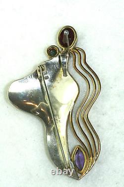 Vintage 1990's Hand Made Sterling Silver 24k Gold Amethyst Garnet Pin Modern Art