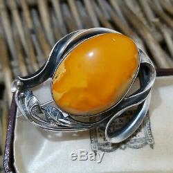 Vintage 925 Silver Brooch, Large Butterscotch Amber, Made In Poland, Hallmarked