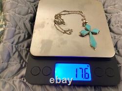 Vintage 925 Sterling Silver Large Turquoise Cross Pendant Figaro Chain Necklace